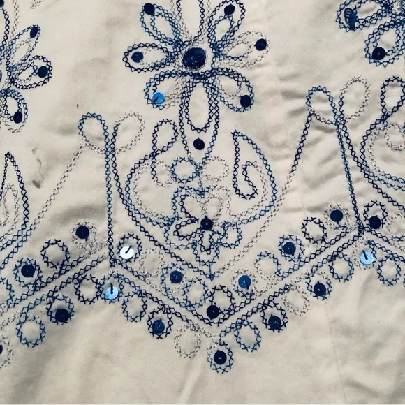 Togo Size 14 White Aline Skirt w Blue Cross Stitch Embroidered Floral Pattern - Picture 3 of 8